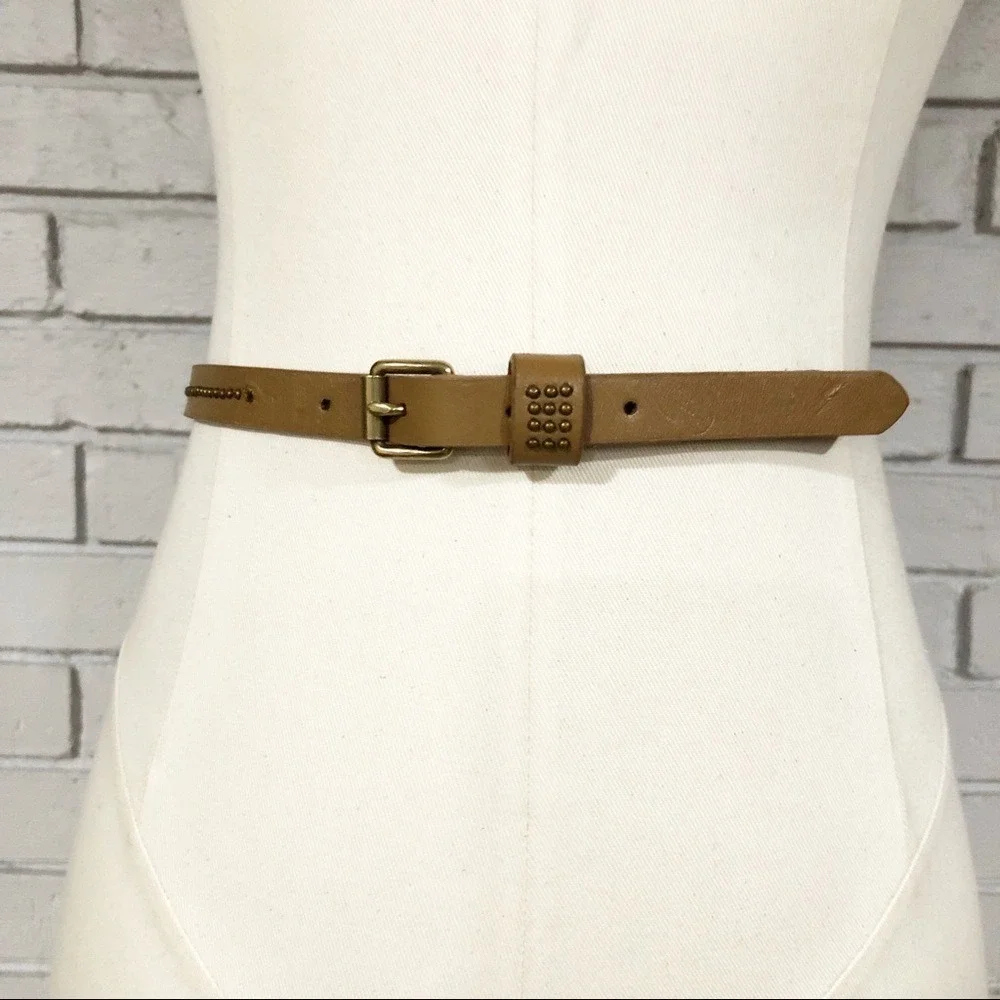 J.Crew Factory Tan Leather Skinny Belt Brass Micro Studded Brown‎ Small 31.5in